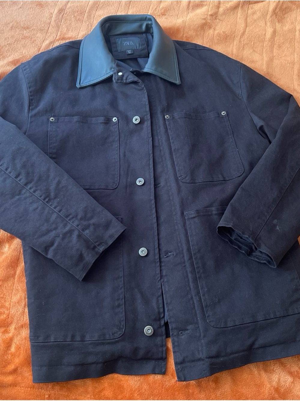 ZARA Black Men’s Shirt Jacket with Leather Collar